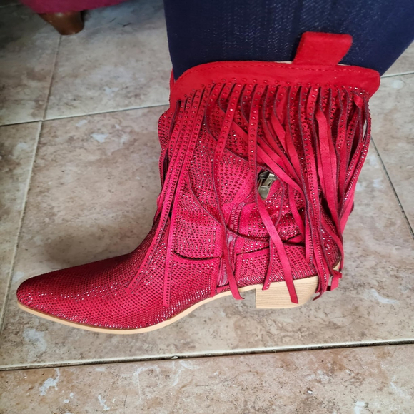 NWT Women’s Cowgirl Boots Rhinestone Fringe Sparkly Western Red Chunky Heel - Picture 9 of 10